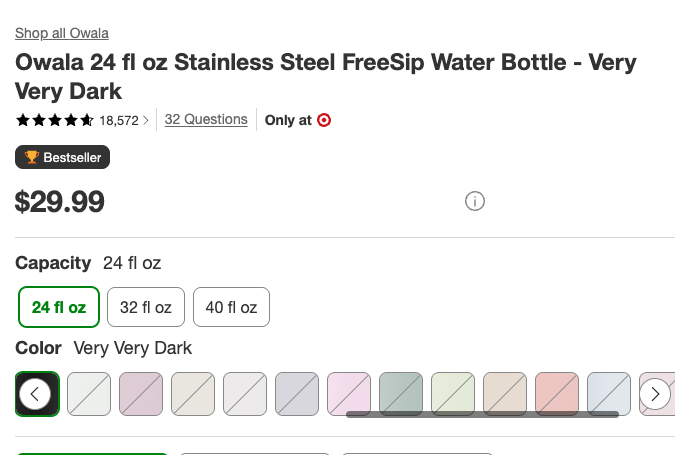 Target product page for the Owala 24 fl oz Stainless Steel FreeSip Water Bottle in Very Very Dark, priced at $29.99, with the 24 fl oz capacity selected and a row of color swatches below