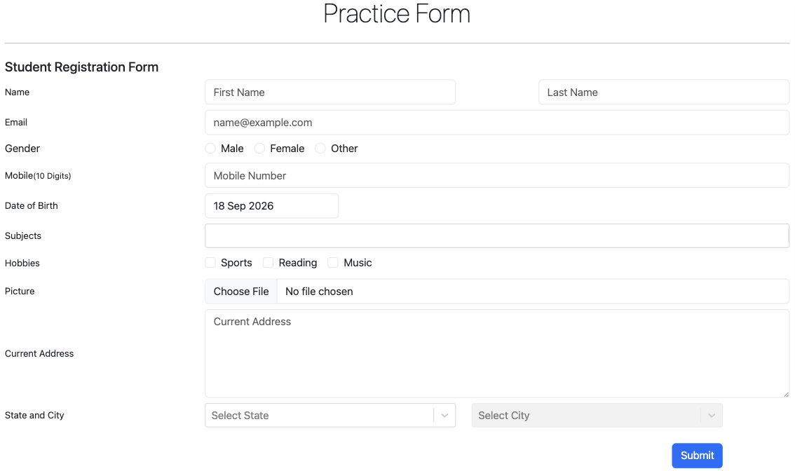 DEMOQA's public practice form, headed Student Registration Form, with empty fields for first and last name, email, gender, a 10-digit mobile number, date of birth, subjects, hobbies, picture upload, current address, and state and city, above a Submit button