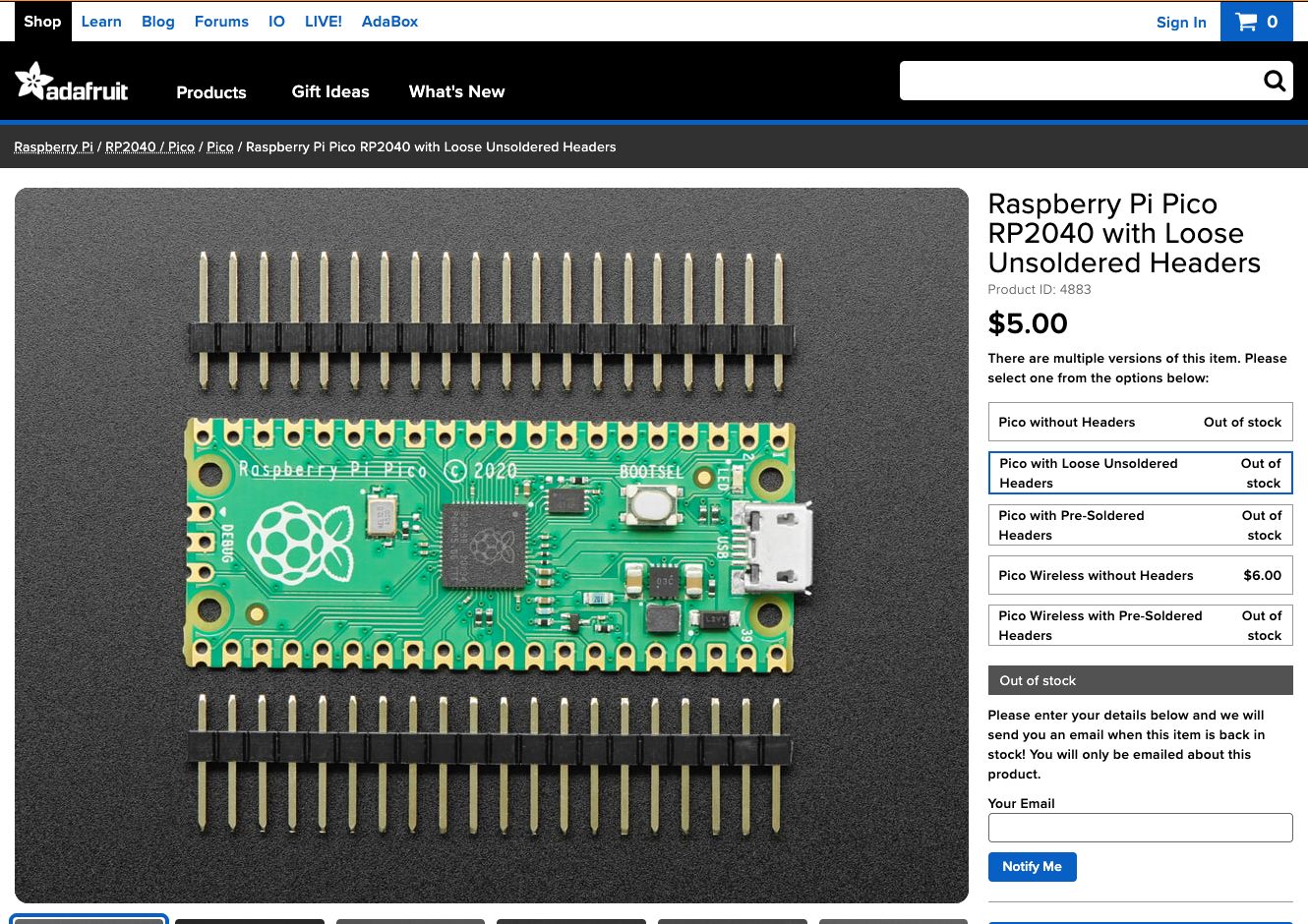 Adafruit's product page for Raspberry Pi Pico with loose unsoldered headers, showing product ID 4883, the displayed $5.00 price, header options and out-of-stock status.